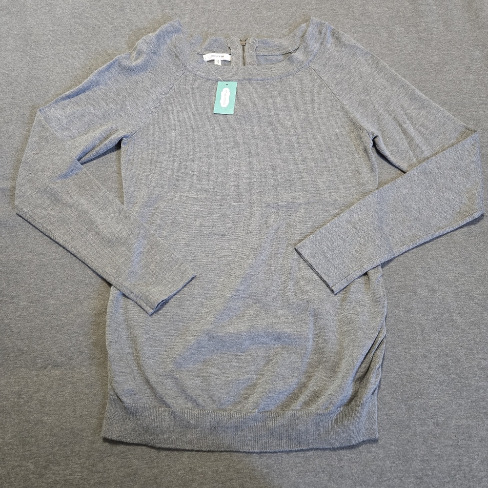 NWT Maurices Sweater Womens Size Medium Grey Wide Crew Neck Gathered Side Seams